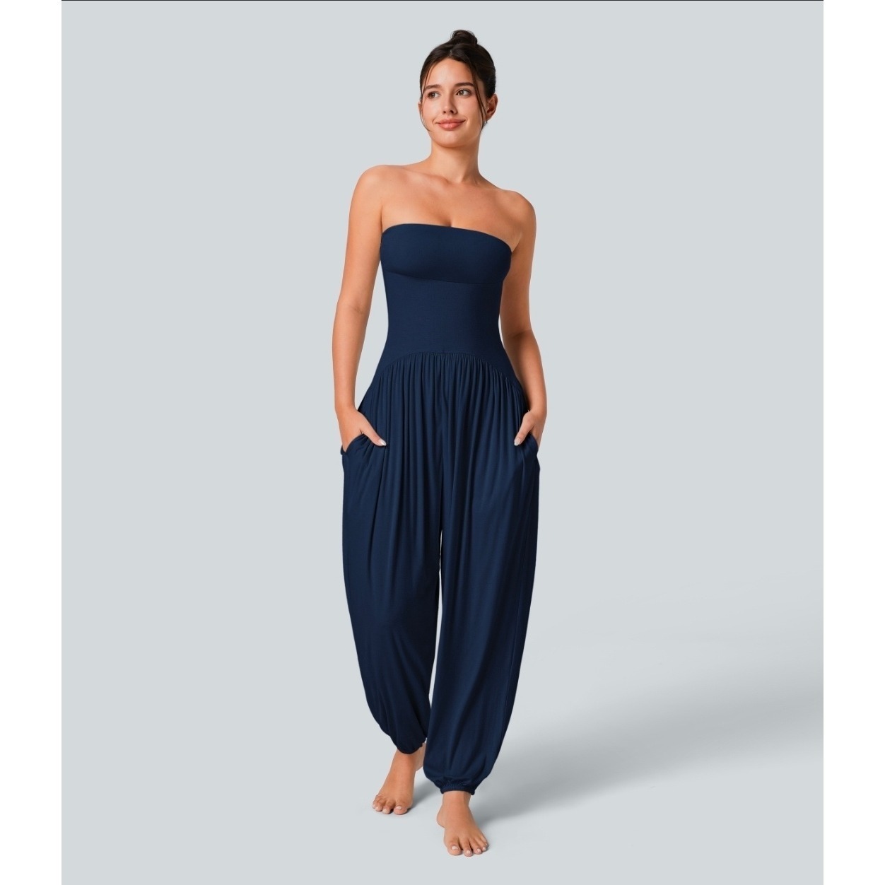 Halara Women's Xs Navy Strapless Tube Pocket Casual Jumpsuit Jogger Nwt